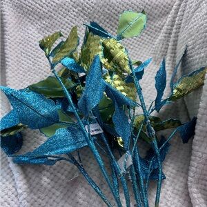 Set 7 Designer David Christoher Sparkling Blue and Green Faux Floral Stems